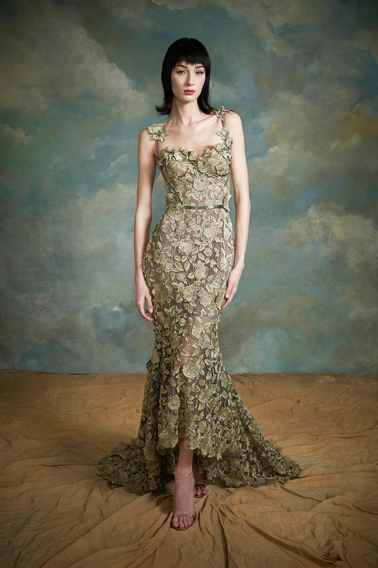 Sleeveless 3D Floral Lace Gown