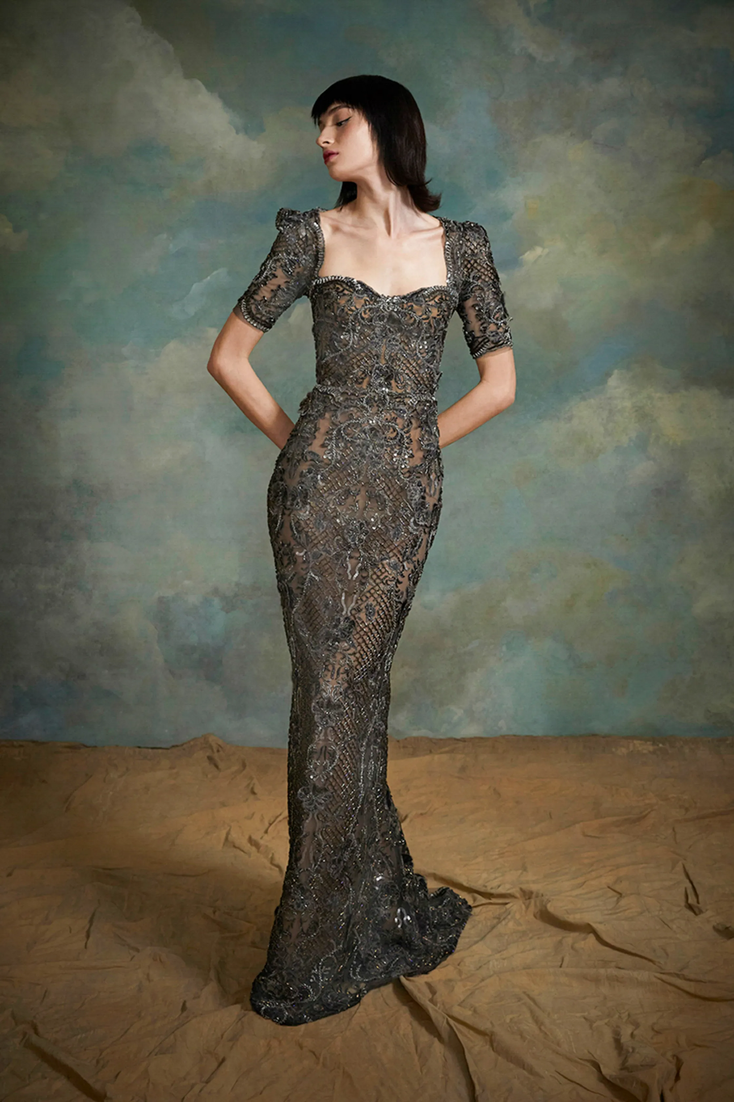 Short Sleeve Embroidered Evening Gown