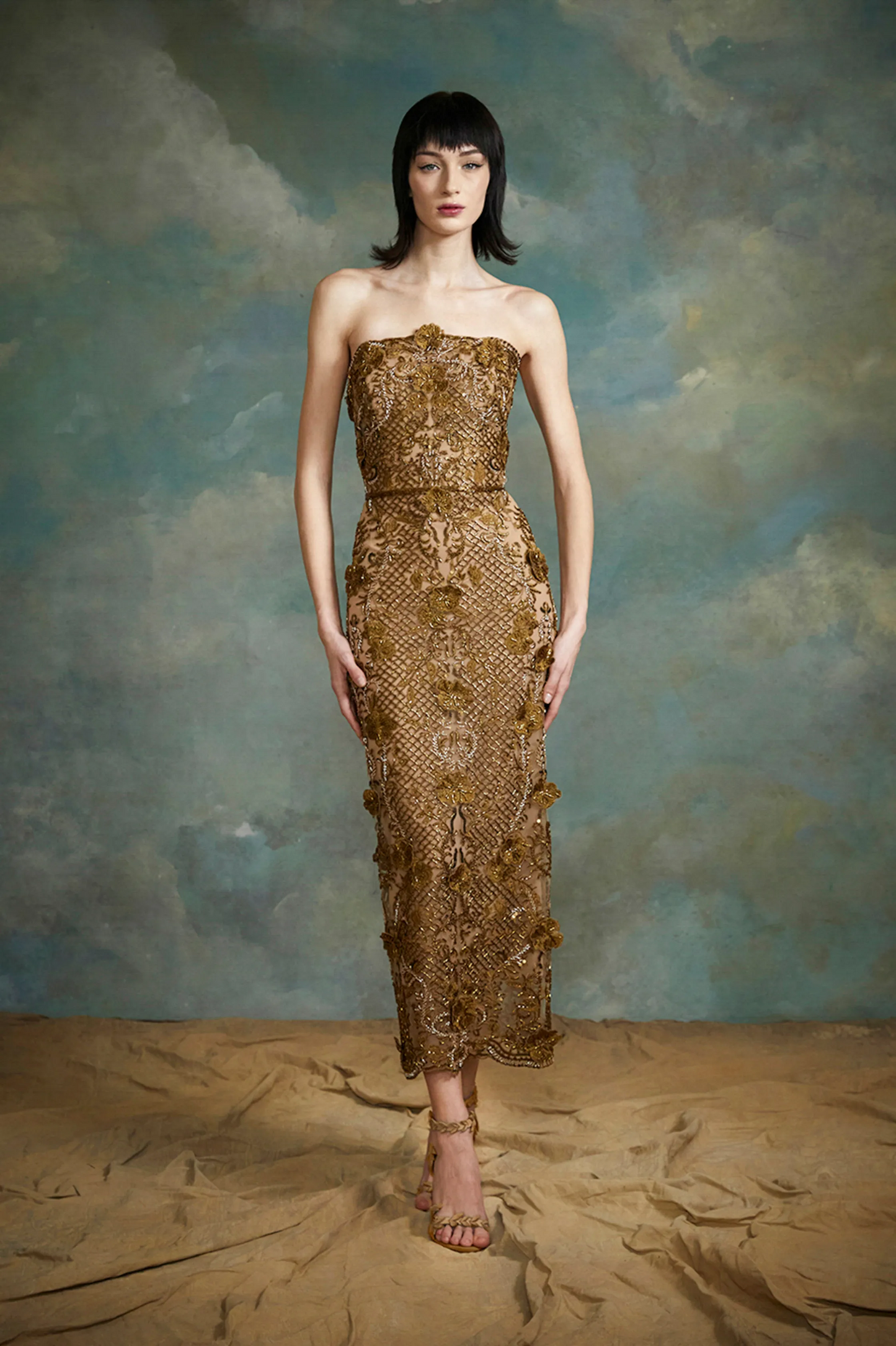 Strapless Metallic Embroidered Dress
