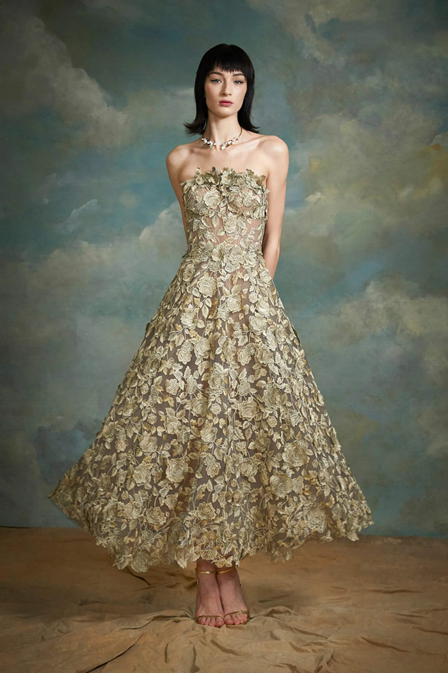 Strapless Metallic Floral Lace Dress