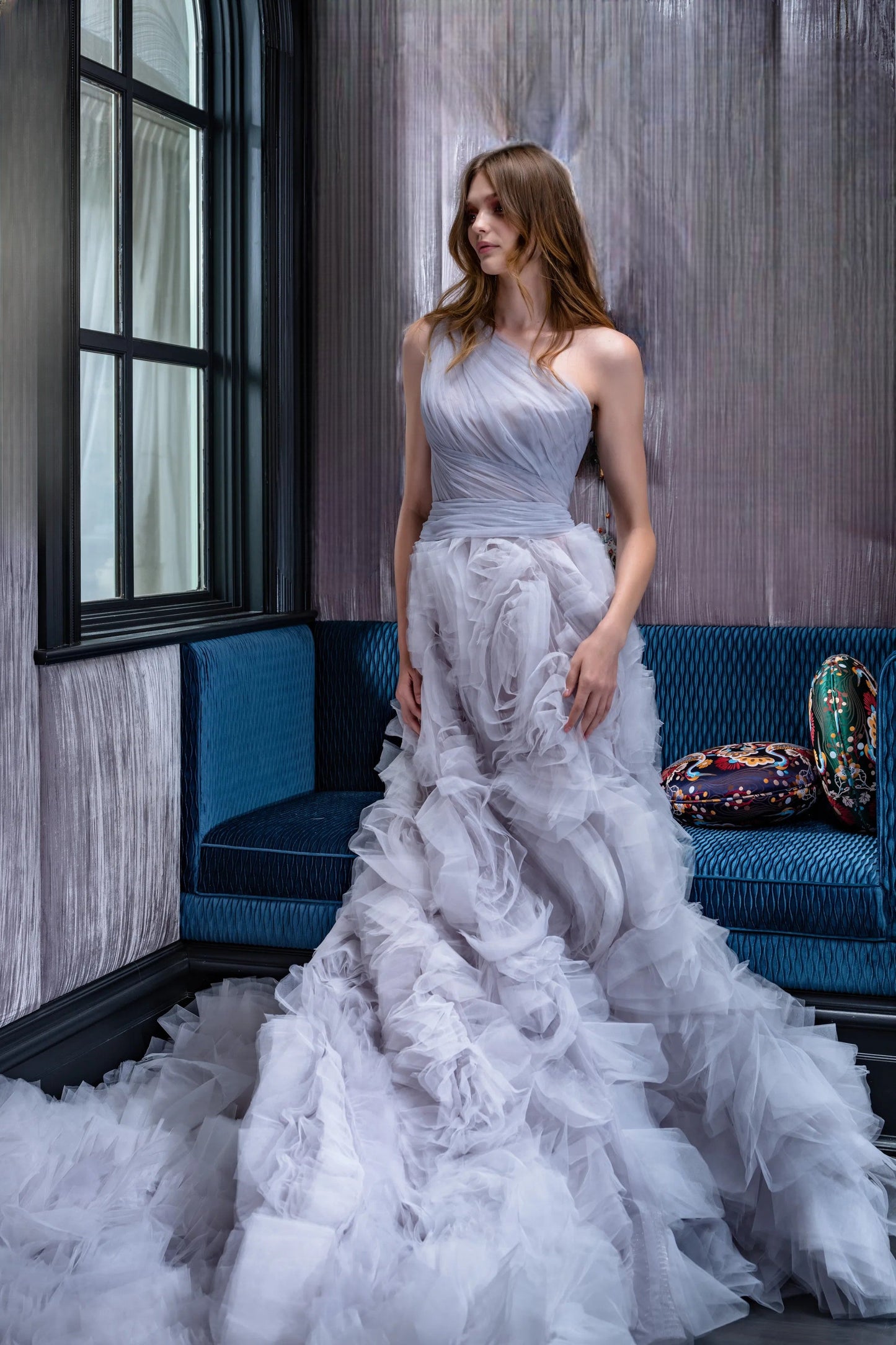 One-Shoulder Floral Embroidered Gown