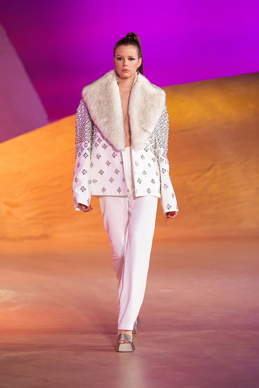 Beaded Crepe Faux Fur Jacket