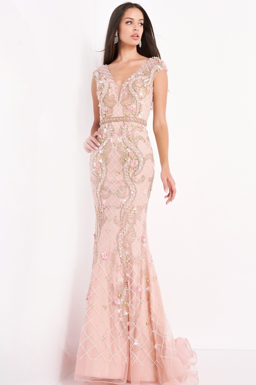 Embellished V-Neck Cap Sleeve Gown