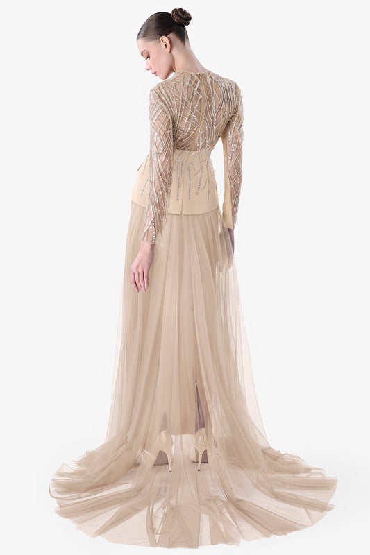Crepe Gown with Beaded Tulle Overlay