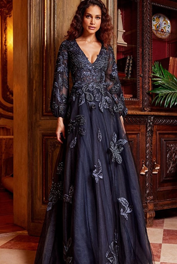 Embroidered A-Line Evening Gown