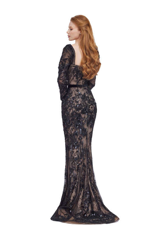 Long Sleeve Beaded Mermaid Gown