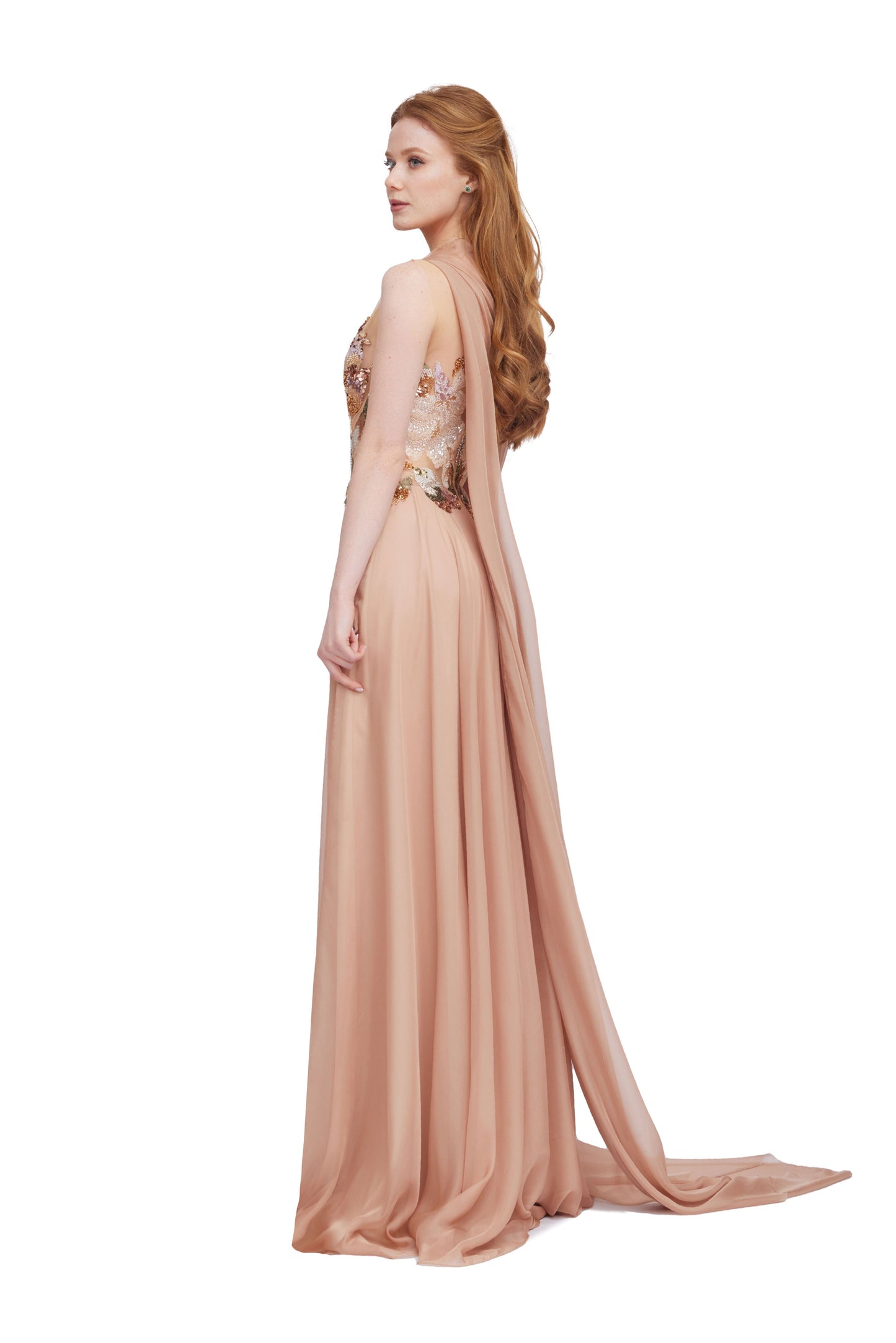 Embroidered Chiffon Gown with Scarf
