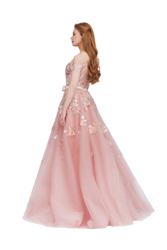 Floral Embroidered Tulle Ball Gown