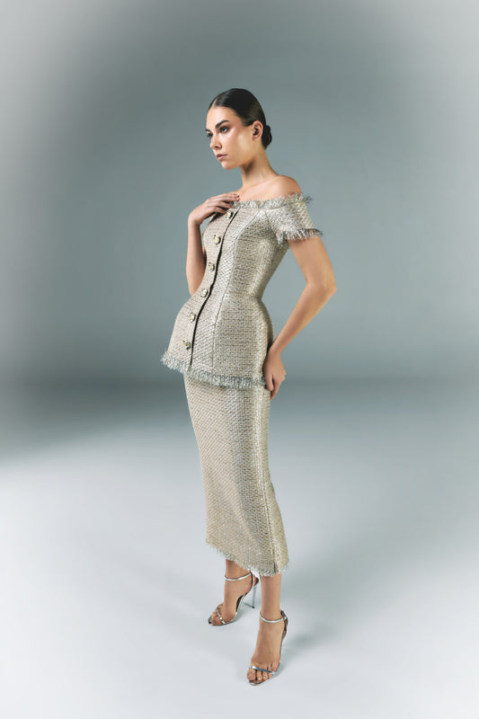 Gold Tweed Corset With Pencil Skirt