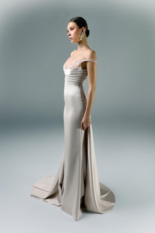 Long Draped Dress With Lace Cut On The Bust
