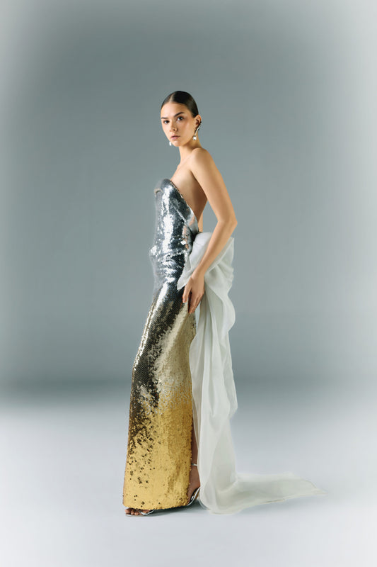 Strapless Payette Ombre Dress With Flowy Organza