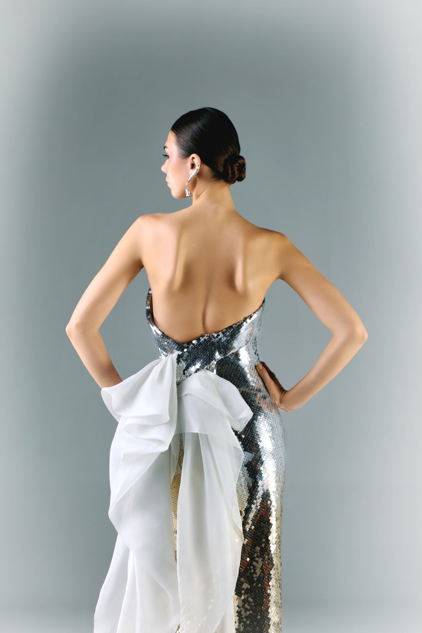 Strapless Payette Ombre Dress With Flowy Organza