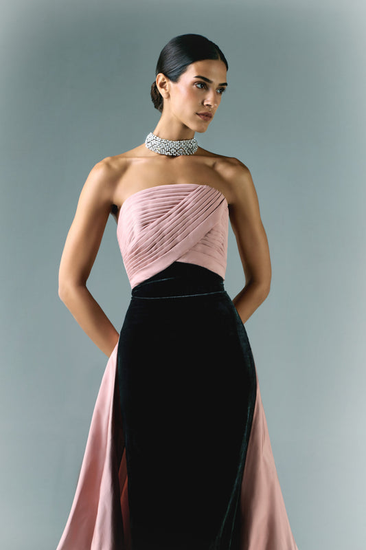 Draped Taffeta With Velvet Long Dress