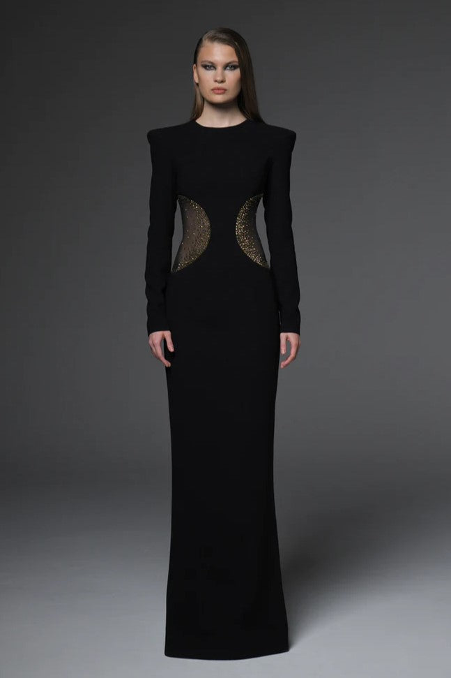 Crepe Gown with Tulle Cutouts