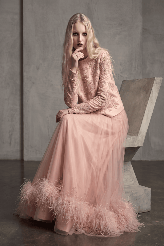 Blush Embroidered Top with Feathered Skirt