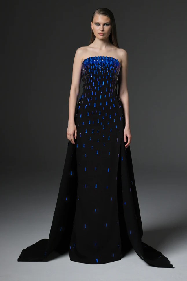 Fully Embroidered Crepe Gown with Overskirt