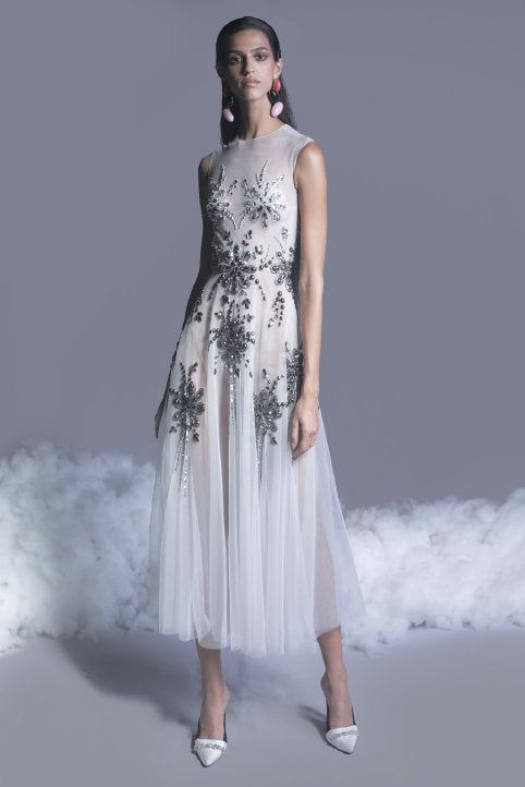 Beaded Tulle Sleeveless Midi Dress