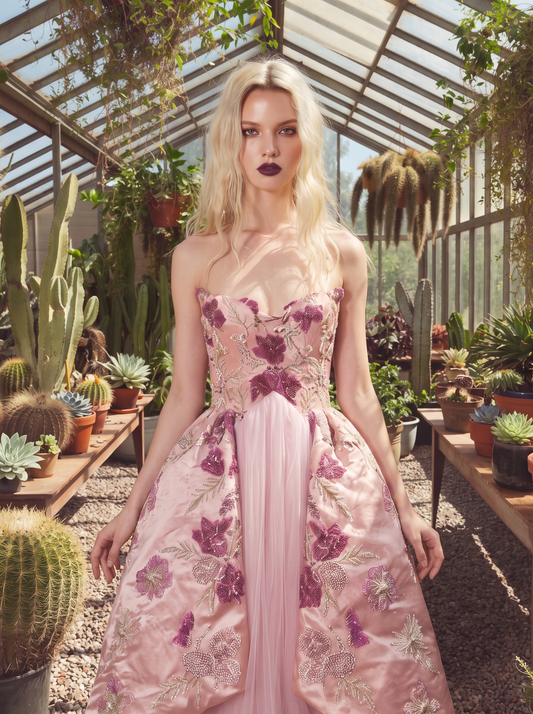 Strapless Floral Layered Gown