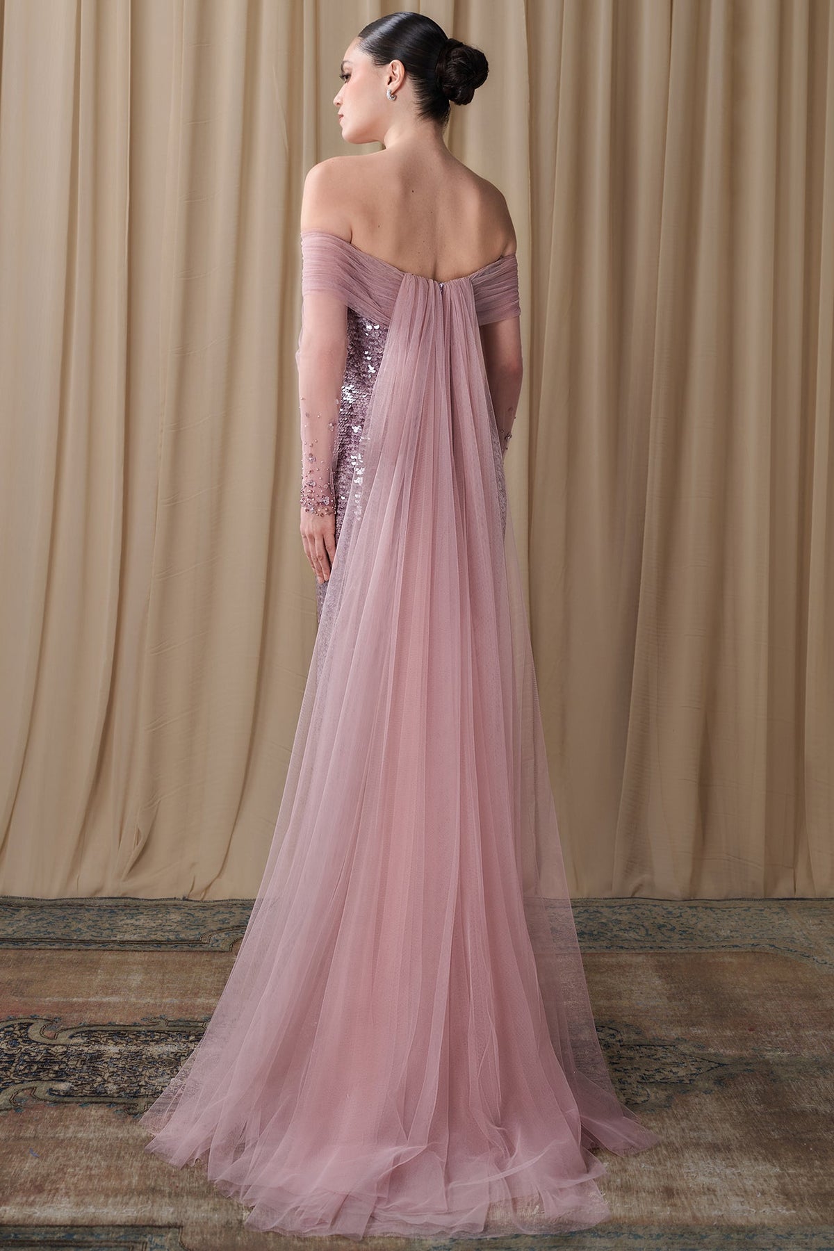 Off-Shoulder Sequin Cape Gown