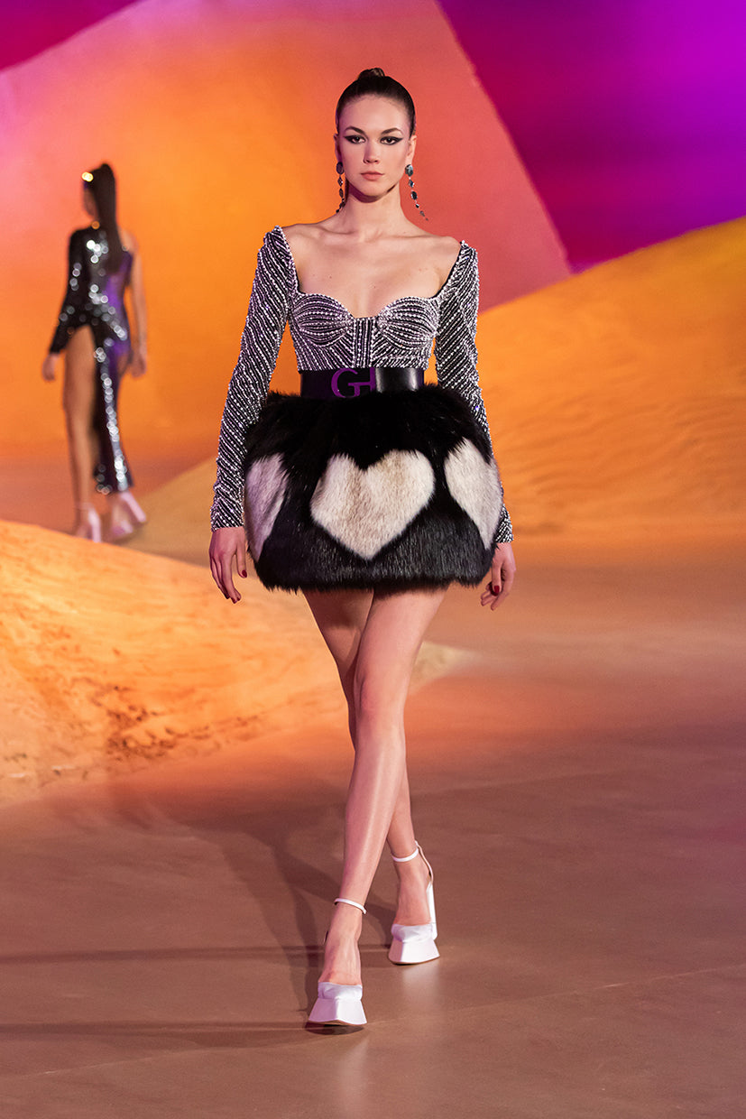 Long Sleeve Fur Skirt Mini Dress