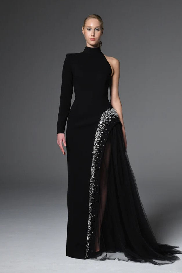 Asymmetric Crepe Gown with Crystal Embroidery
