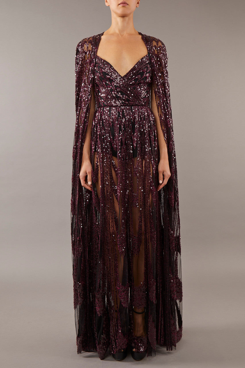 Cape Sleeve Embroidered Gown