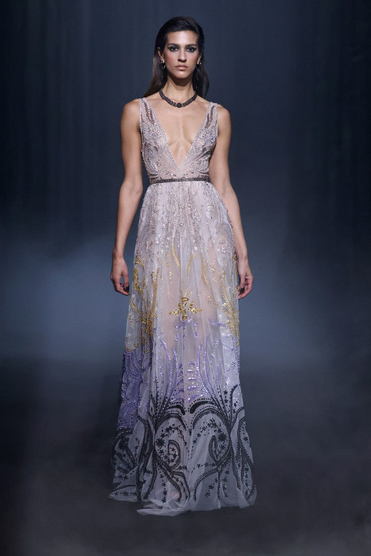 Tulle Beaded Gown with Deep V-Neck