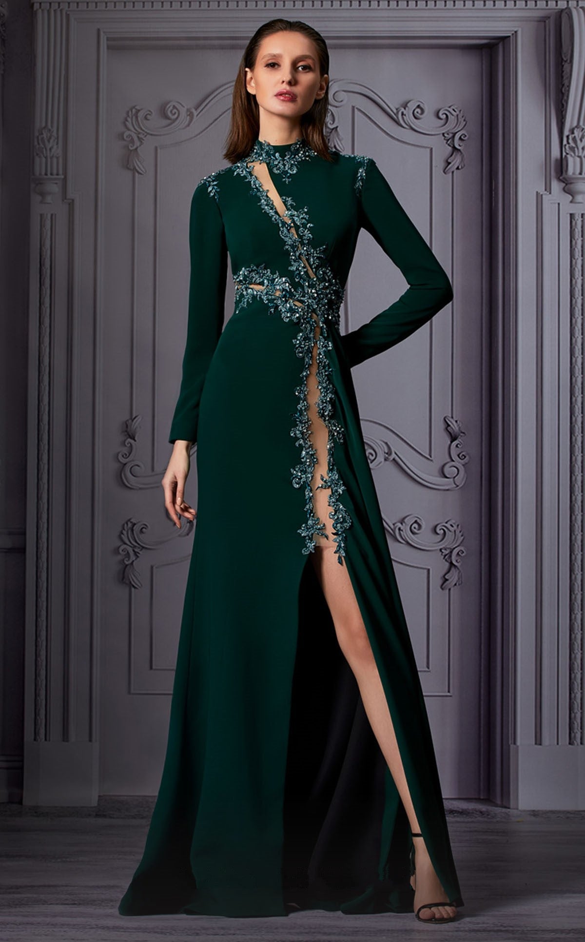 High Neck Long Sleeve Slit Gown