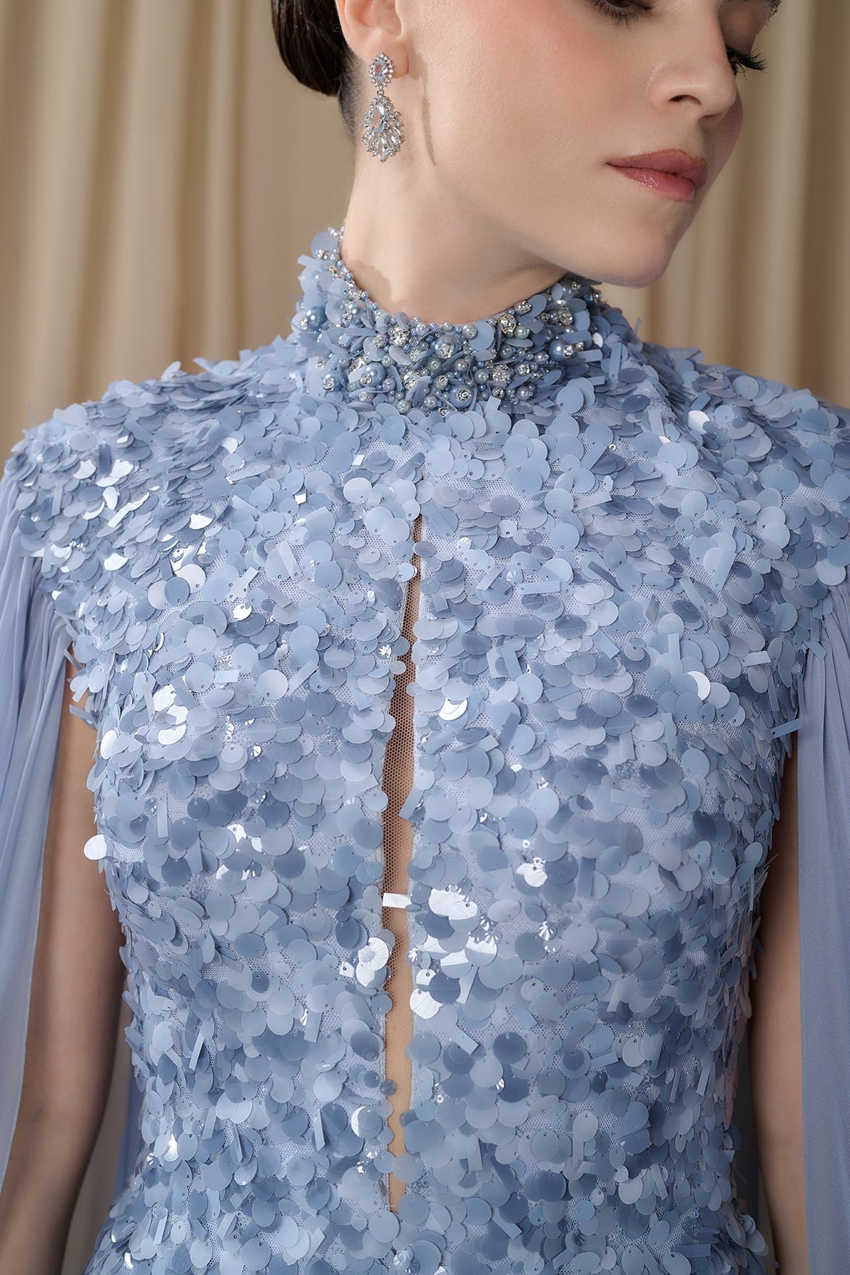 Sequin Keyhole Cape Gown