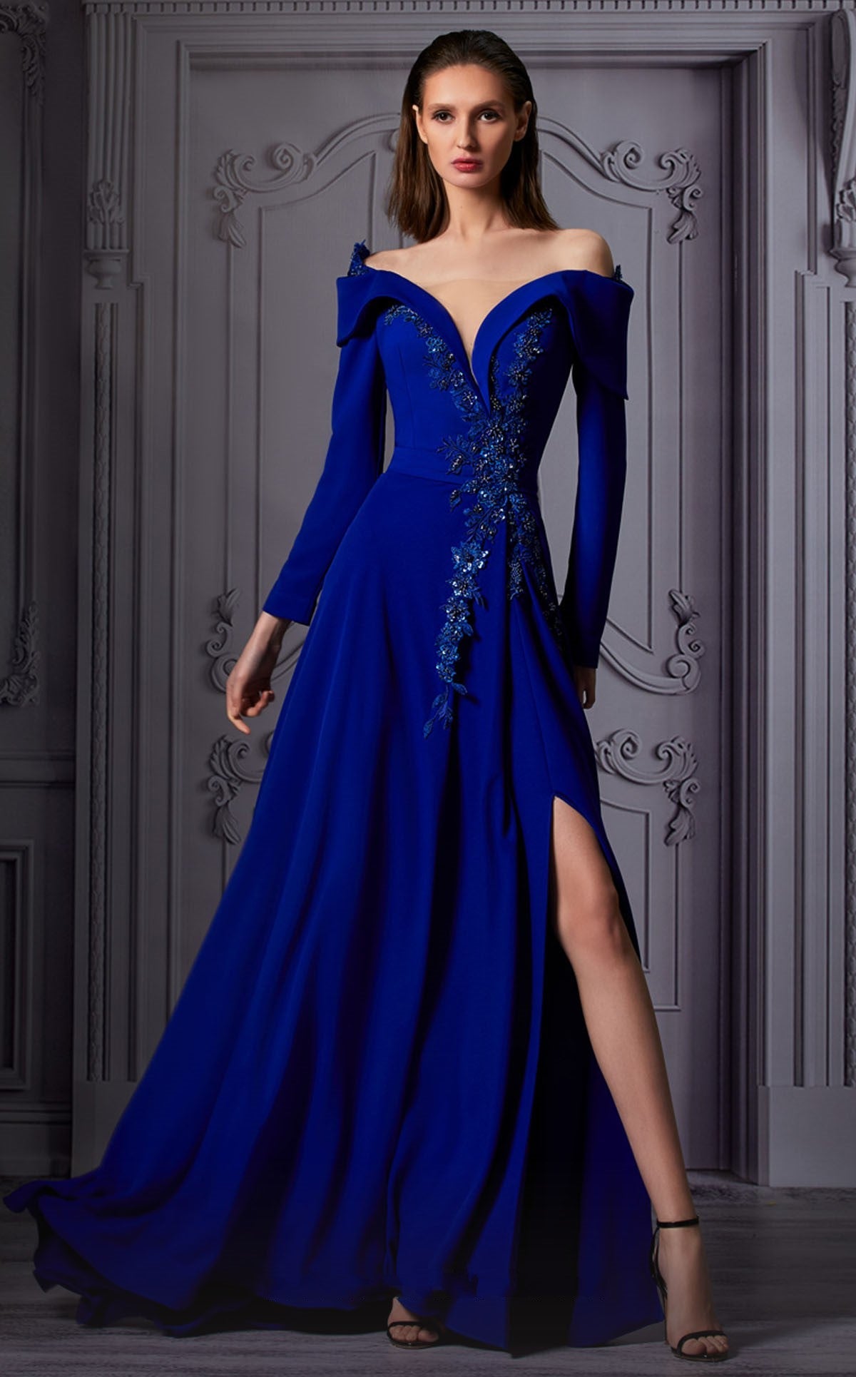 Long Sleeve Off Shoulder Slit Gown