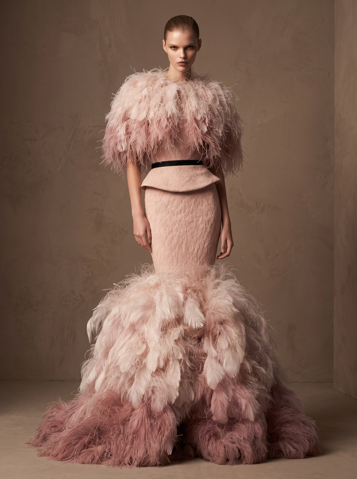 Feathered Mermaid Gown with Capelet