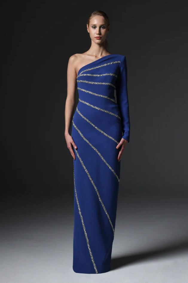 Crepe Asymmetric Gown with Crystals