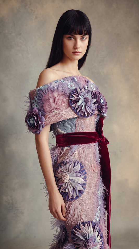 Vestido de sirena con apliques florales y plumas