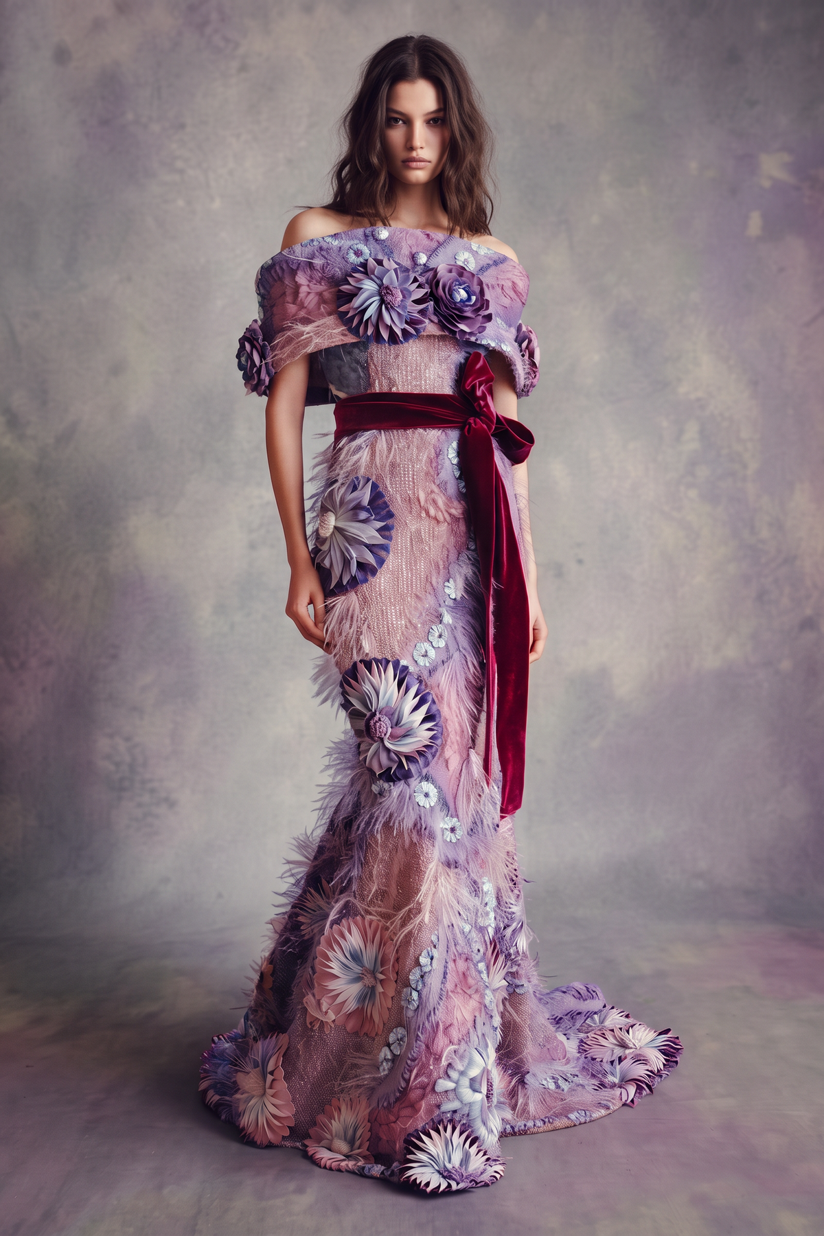 Floral Applique and Feather Mermaid Gown