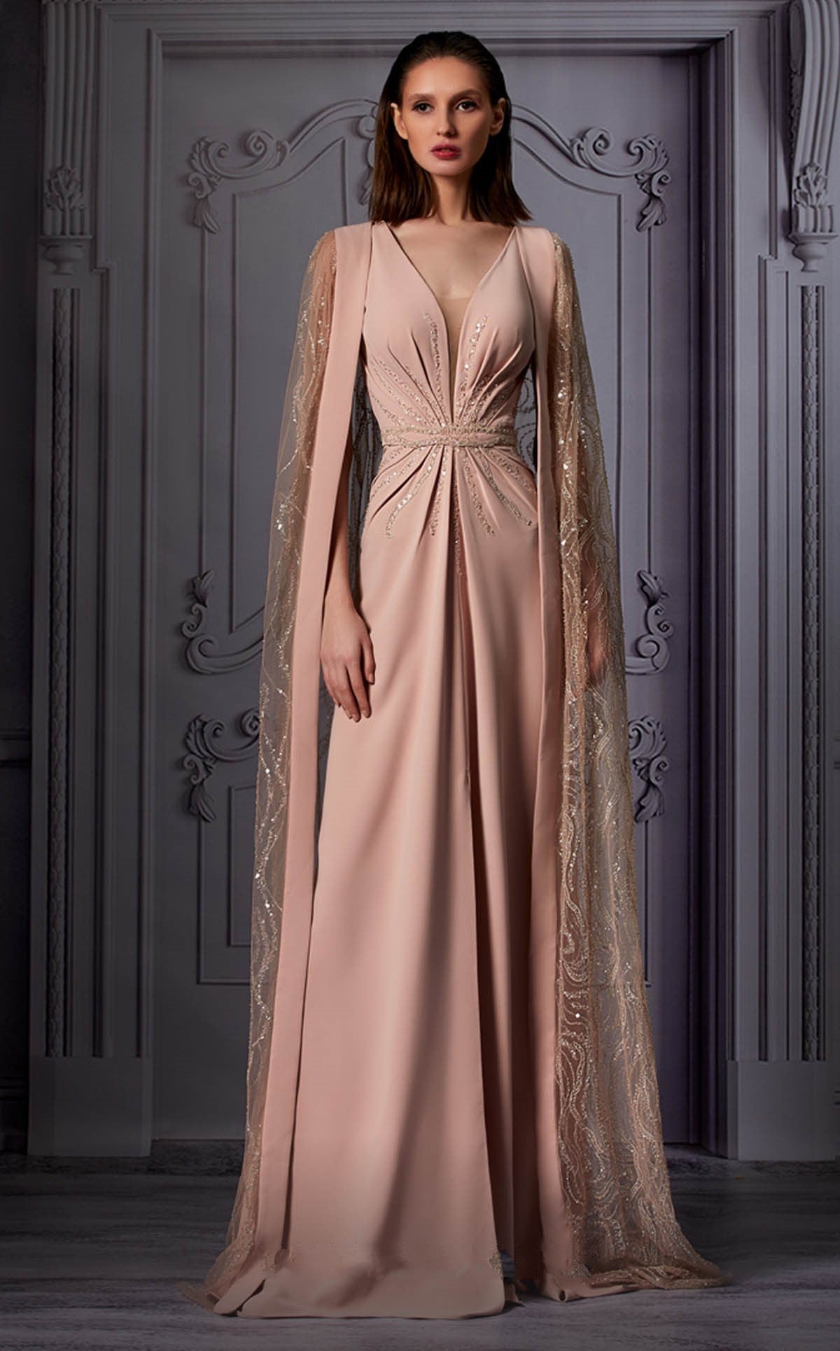 Embellished Cape Sleeve Gown