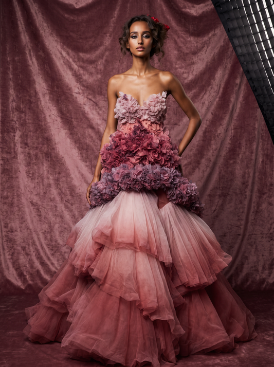 Strapless High-Low Ruffled Gown