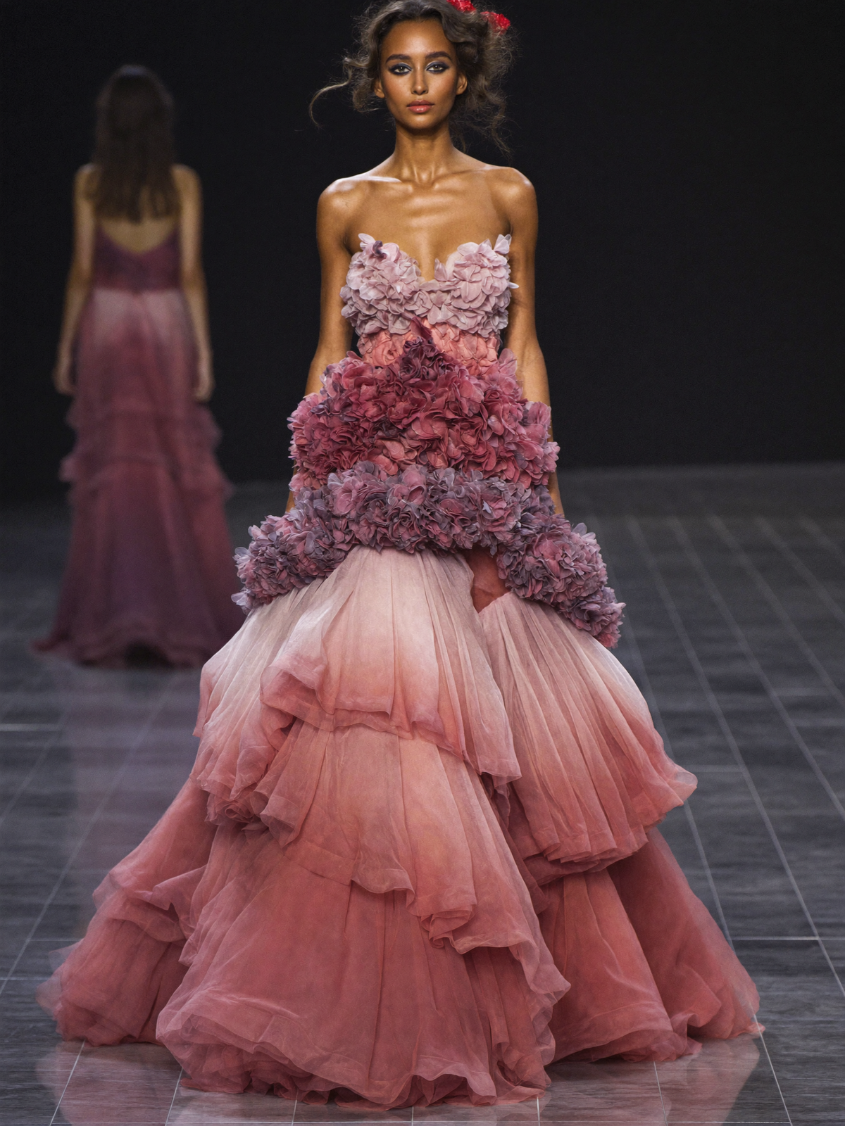 Strapless High-Low Ruffled Gown