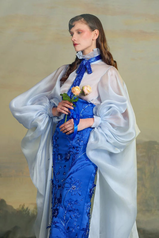 Floral Embroidered Puff Sleeve Gown