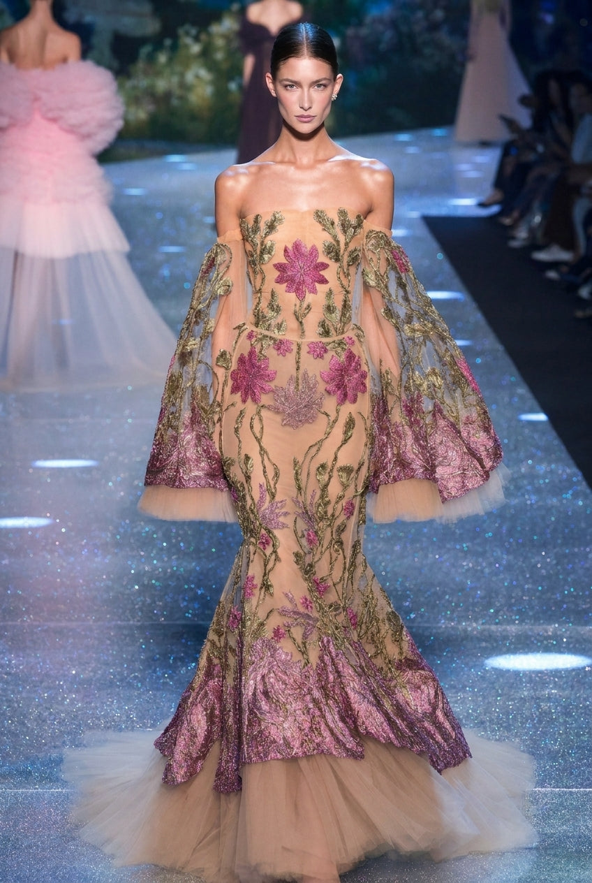 Off-Shoulder Sheer Embroidered Gown