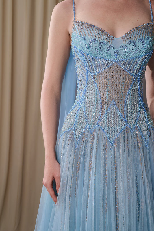 Pearl-Beaded Tulle Cape Gown