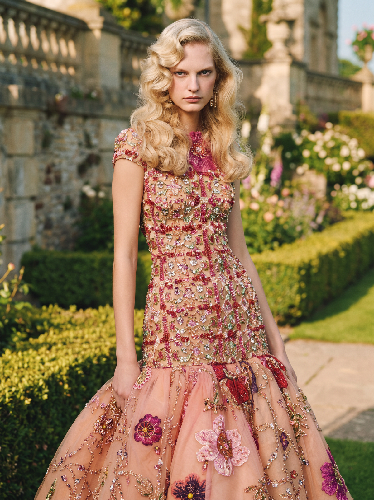 Embroidered Drop-Waisted Ball Gown