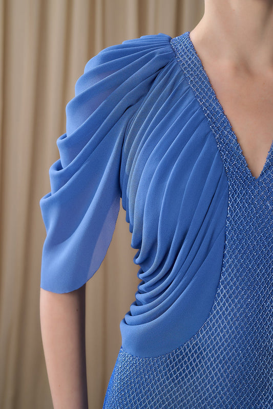Draped-Sleeve Beaded Lattice Gown