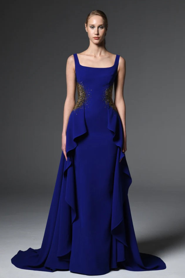 Crepe Gown with Embroidered Waist