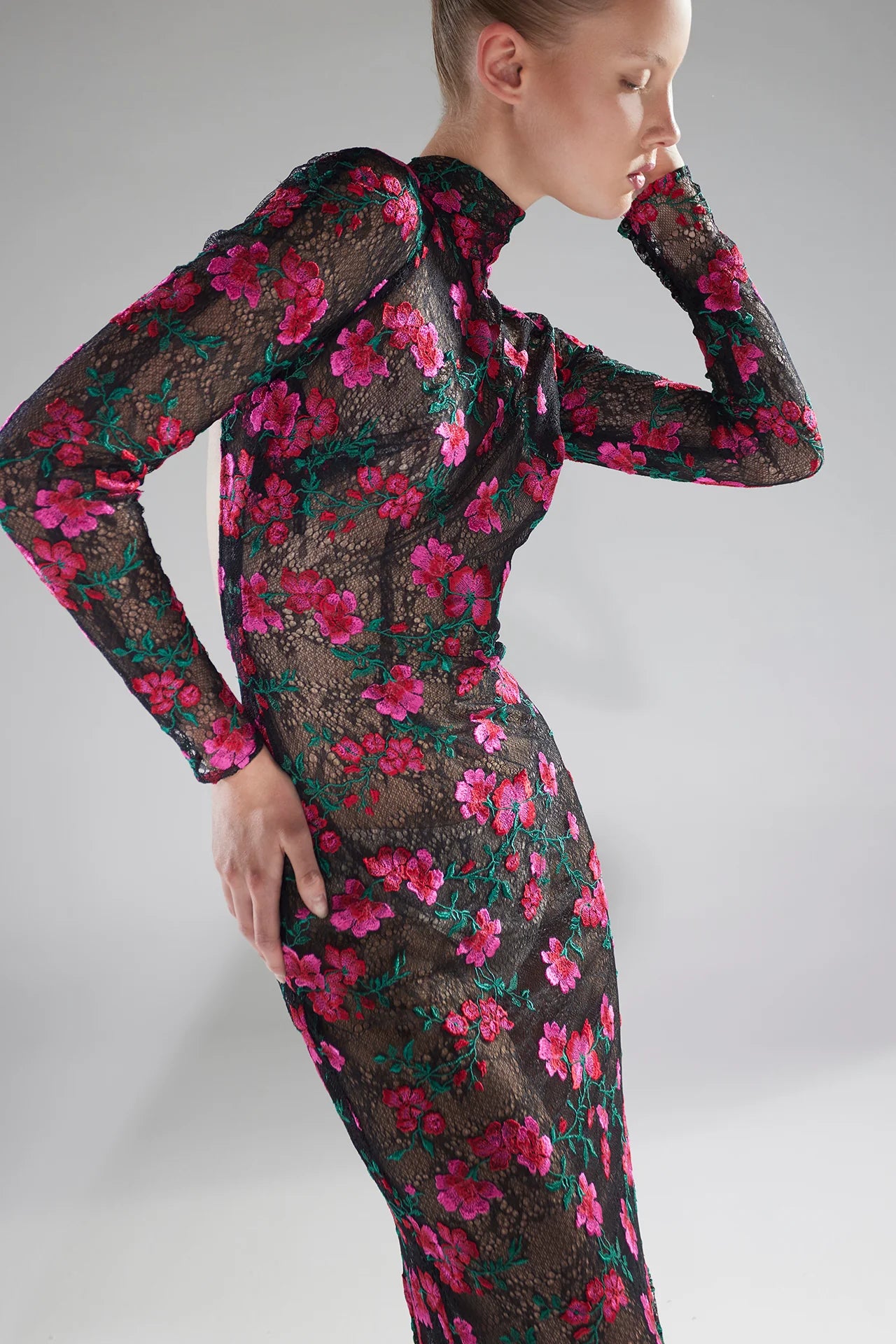 Long Sleeve Floral Lace Gown