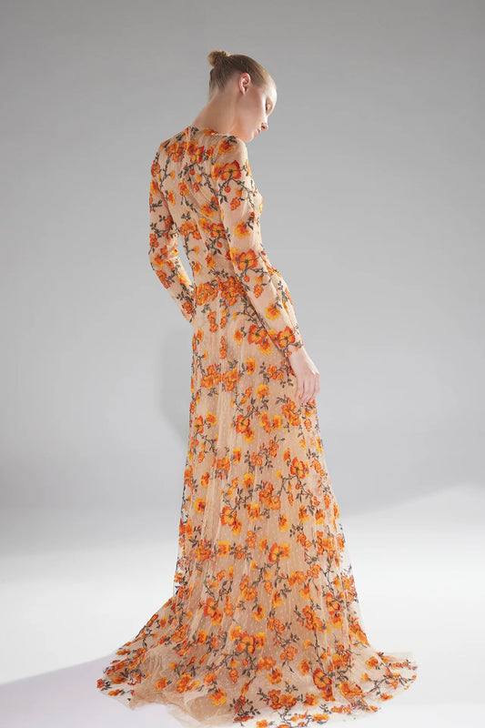 Long Sleeve Floral Motif A-Line Gown