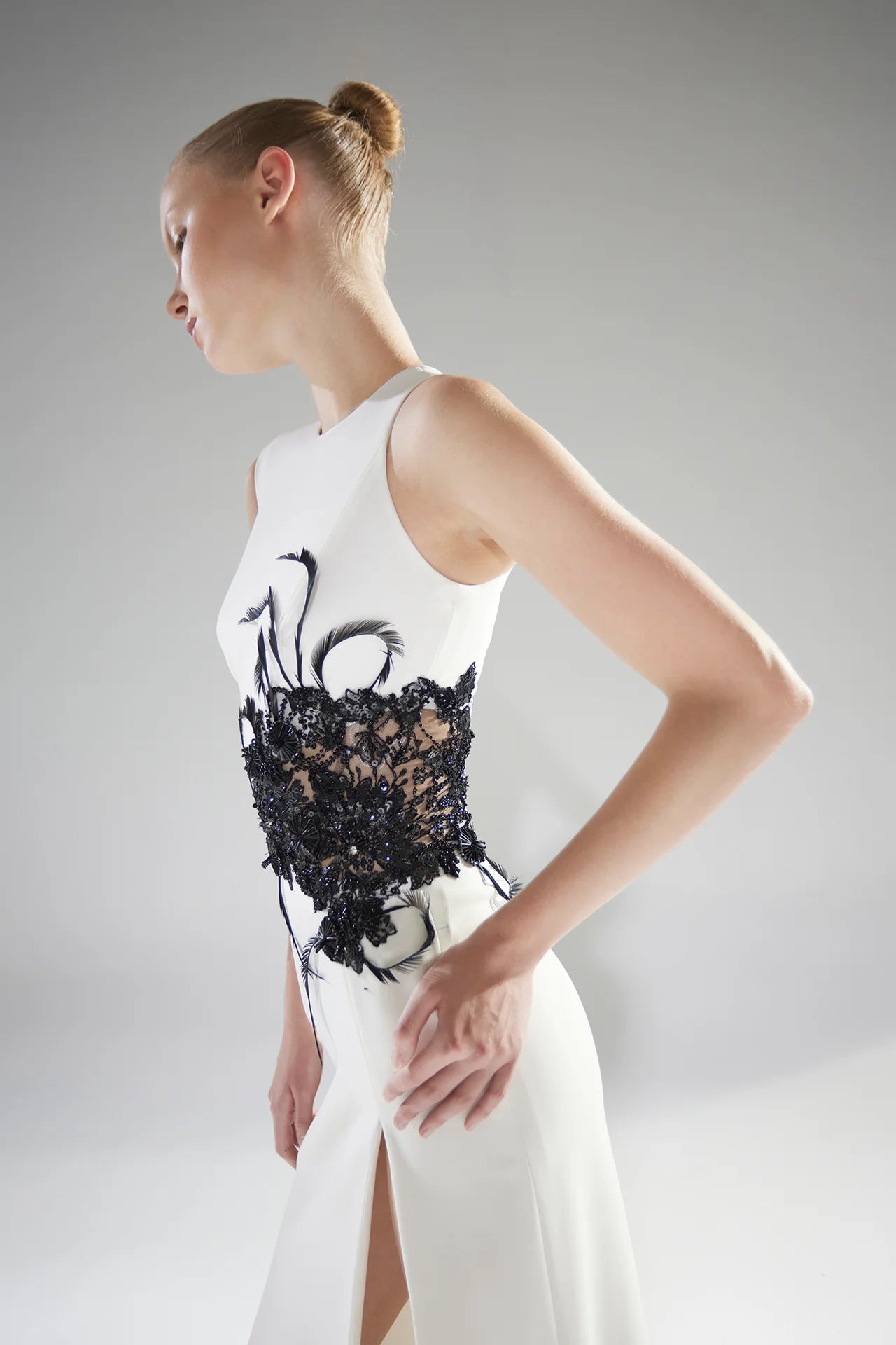 Feather Appliqué Column Gown