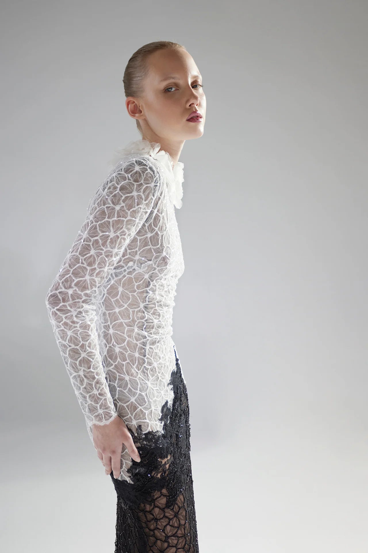 Long Sleeve Two-Tone Lace Gown