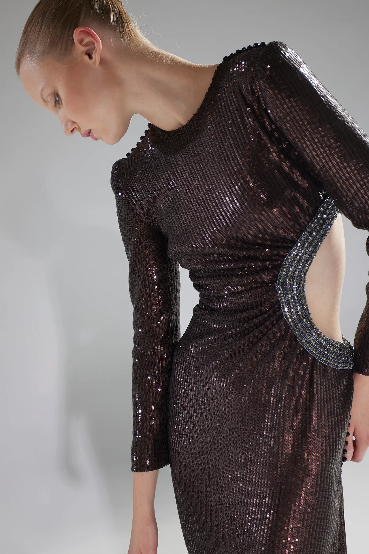 Long Sleeve Sequin Cut-Out Gown