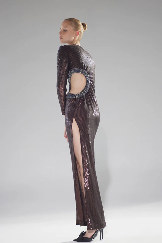 Long Sleeve Sequin Cut-Out Gown