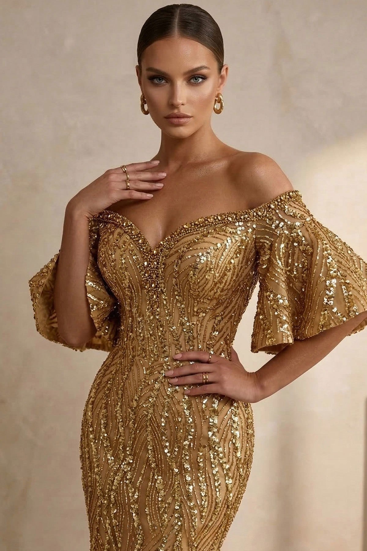 Fully Beaded Off-Shoulder Mermaid Gown